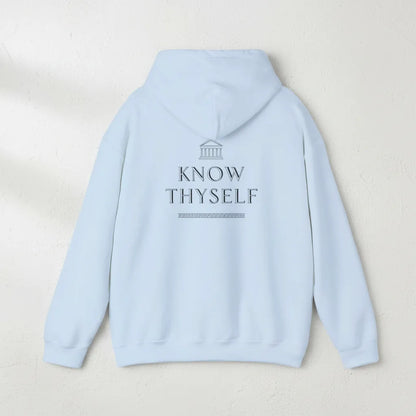 Flat lay of Know Thyself DTG printed hoodie in light blue showing the main back design