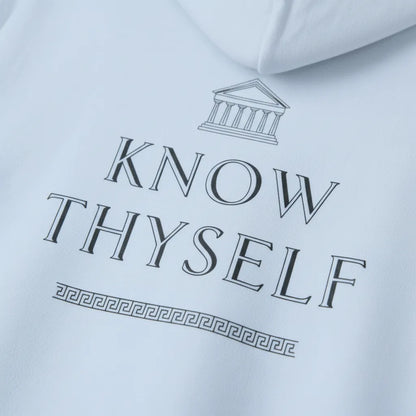 Close-up of Know Thyself quote DTG back print on light blue hoodie fabric