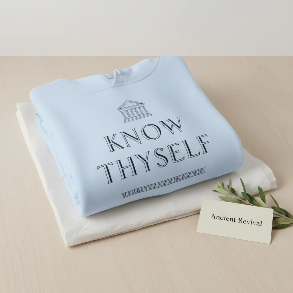Folded light blue Know Thyself DTG hoodie showing part of the back print with minimalist ToldPrint packaging