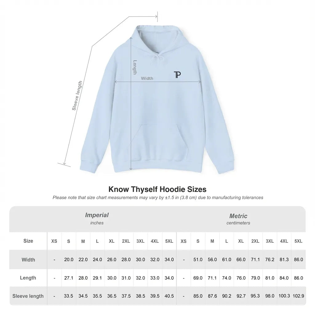 Size guide graphic for Know Thyself unisex Gildan 18500 DTG hoodie with chest and length measurements