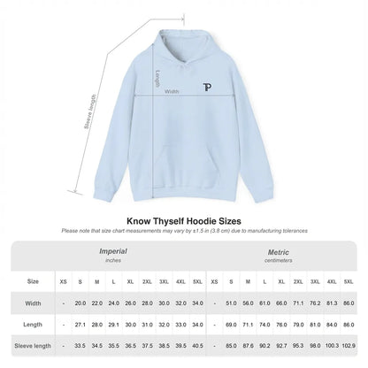 Size guide graphic for Know Thyself unisex Gildan 18500 DTG hoodie with chest and length measurements