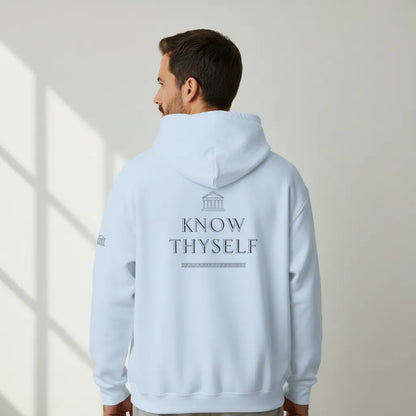 Model wearing light blue Know Thyself Ancient Revival DTG hoodie showing main back print