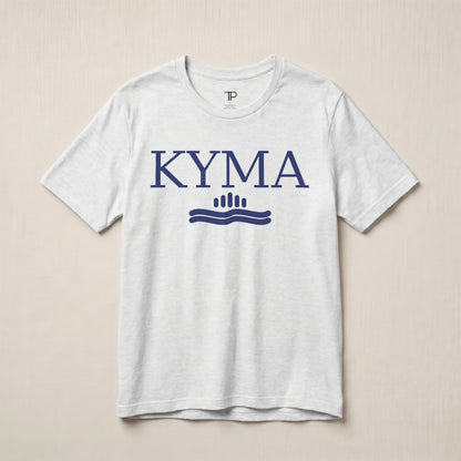 White t-shirt with 'KYMA' logo on a beige background