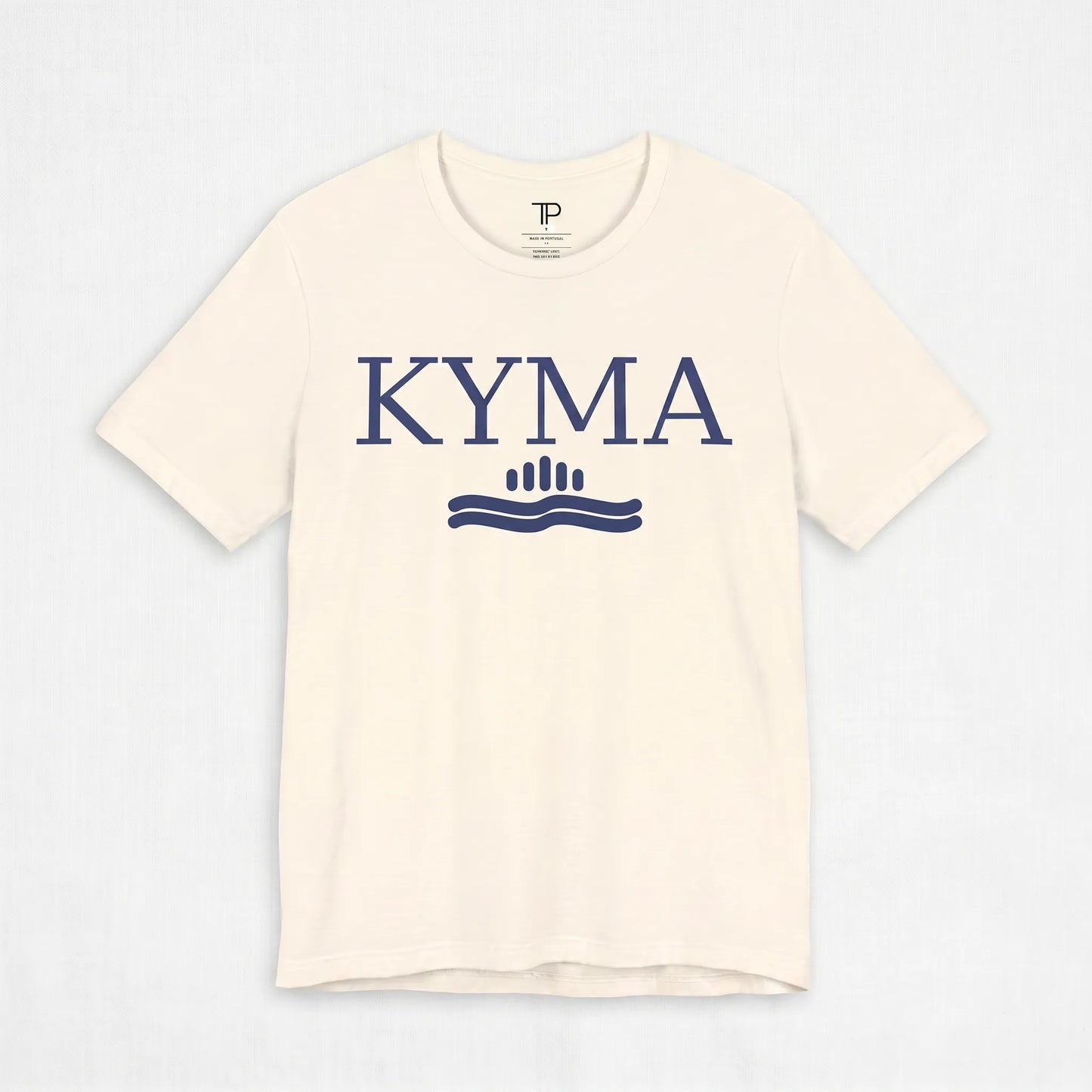 Beige t-shirt with 'KYMA' logo on a light gray background