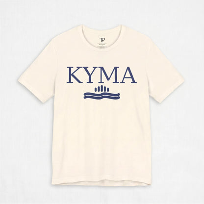 Beige t-shirt with 'KYMA' logo on a light gray background