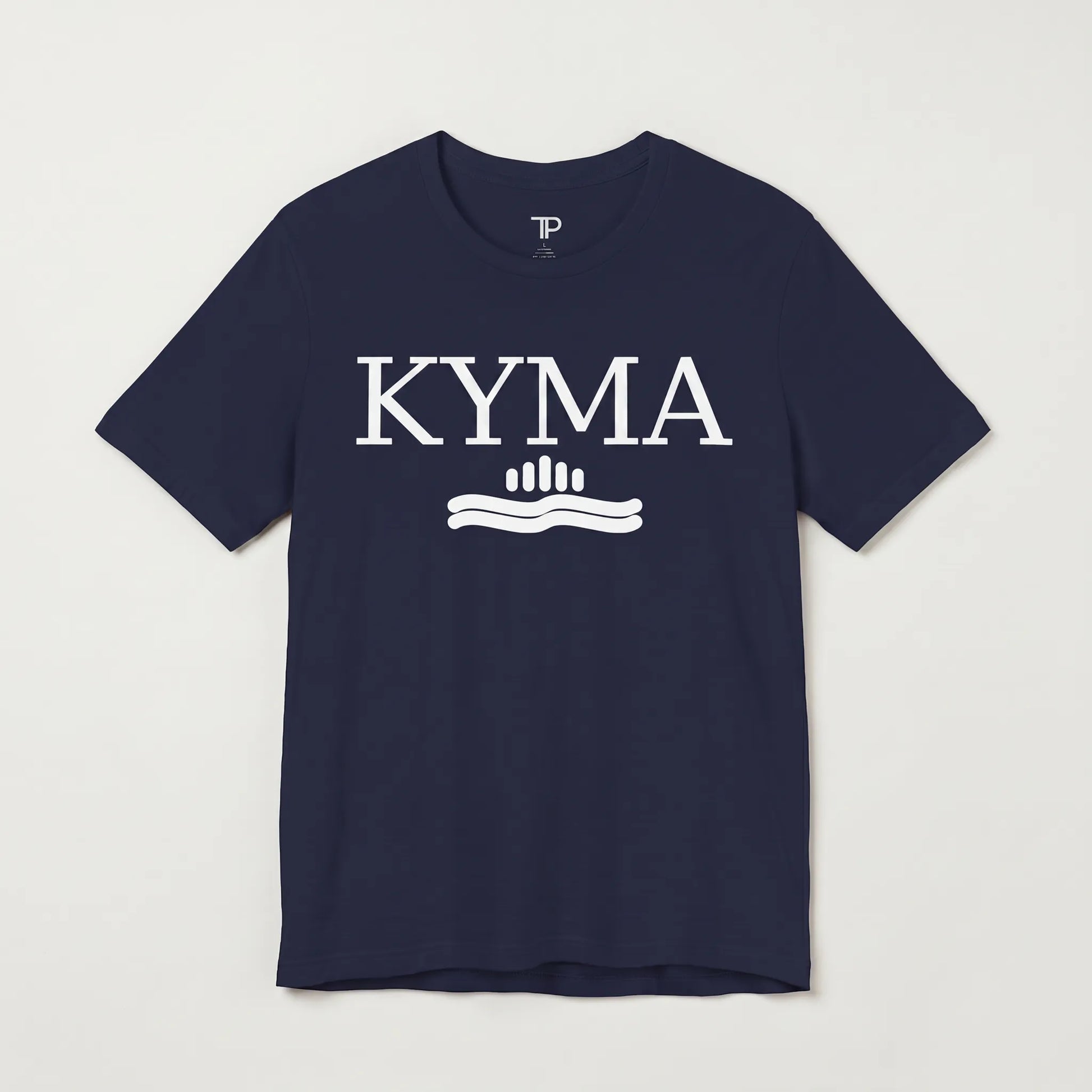 Navy blue t-shirt with 'KYMA' logo on a light gray background