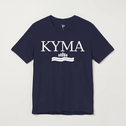 Navy blue t-shirt with 'KYMA' logo on a light gray background