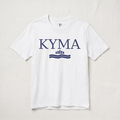 White t-shirt with 'KYMA' logo on a light gray background