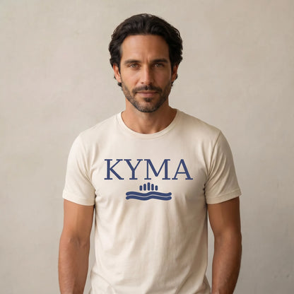 Man wearing a white t-shirt with 'KYMA' logo on a plain background