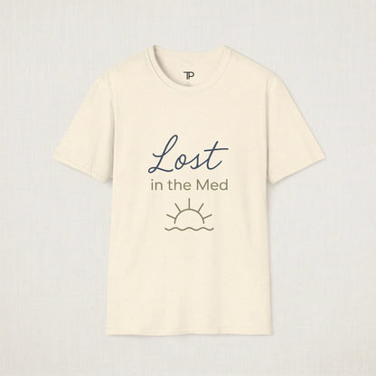 Beige t-shirt with 'Lost in the Med' text and sun graphic on a light gray background
