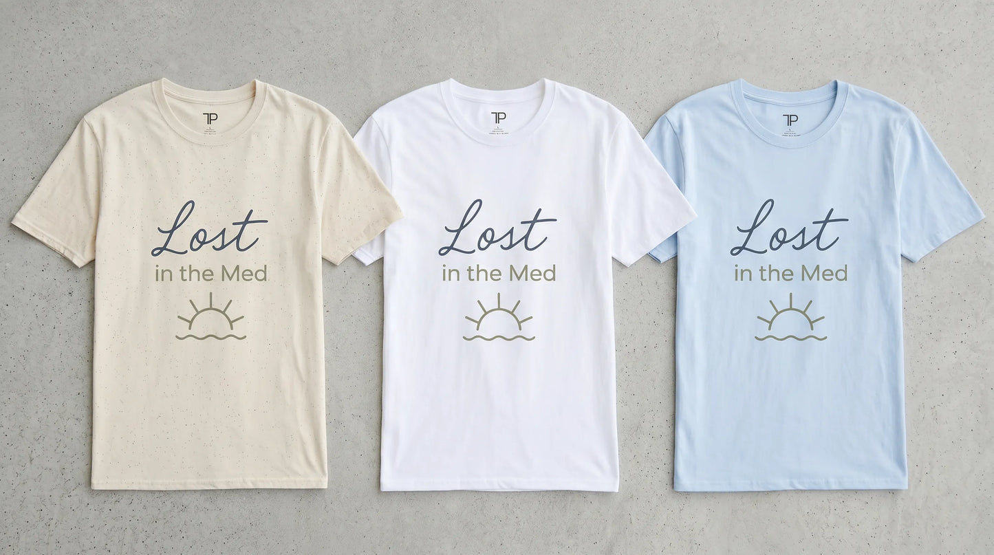 Three t-shirts with 'Lost in the Med' text on a gray background