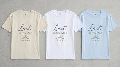 Three t-shirts with 'Lost in the Med' text on a gray background
