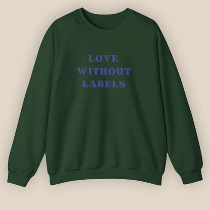 Flat lay of Love Without Labels inclusive slogan embroidered unisex crewneck sweatshirt in forest green color by ToldPrint