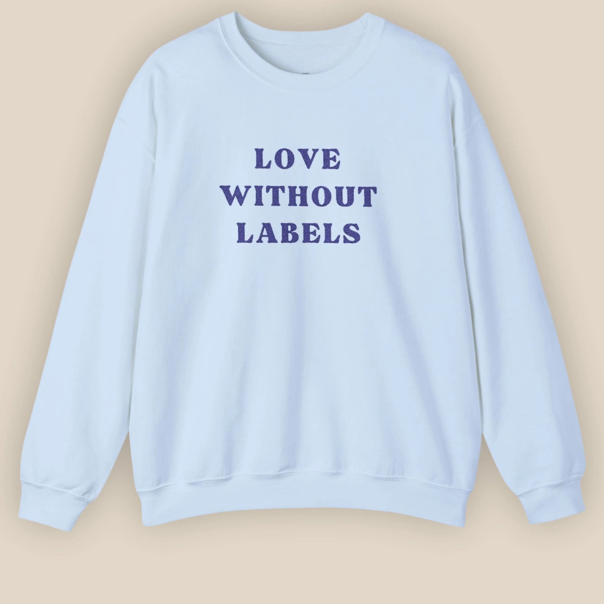 Flat lay of Love Without Labels inclusive slogan embroidered unisex crewneck sweatshirt in light blue color by ToldPrint