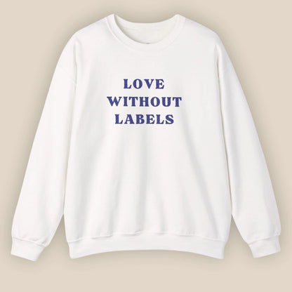 Flat lay of Love Without Labels inclusive slogan embroidered unisex crewneck sweatshirt in white color by ToldPrint