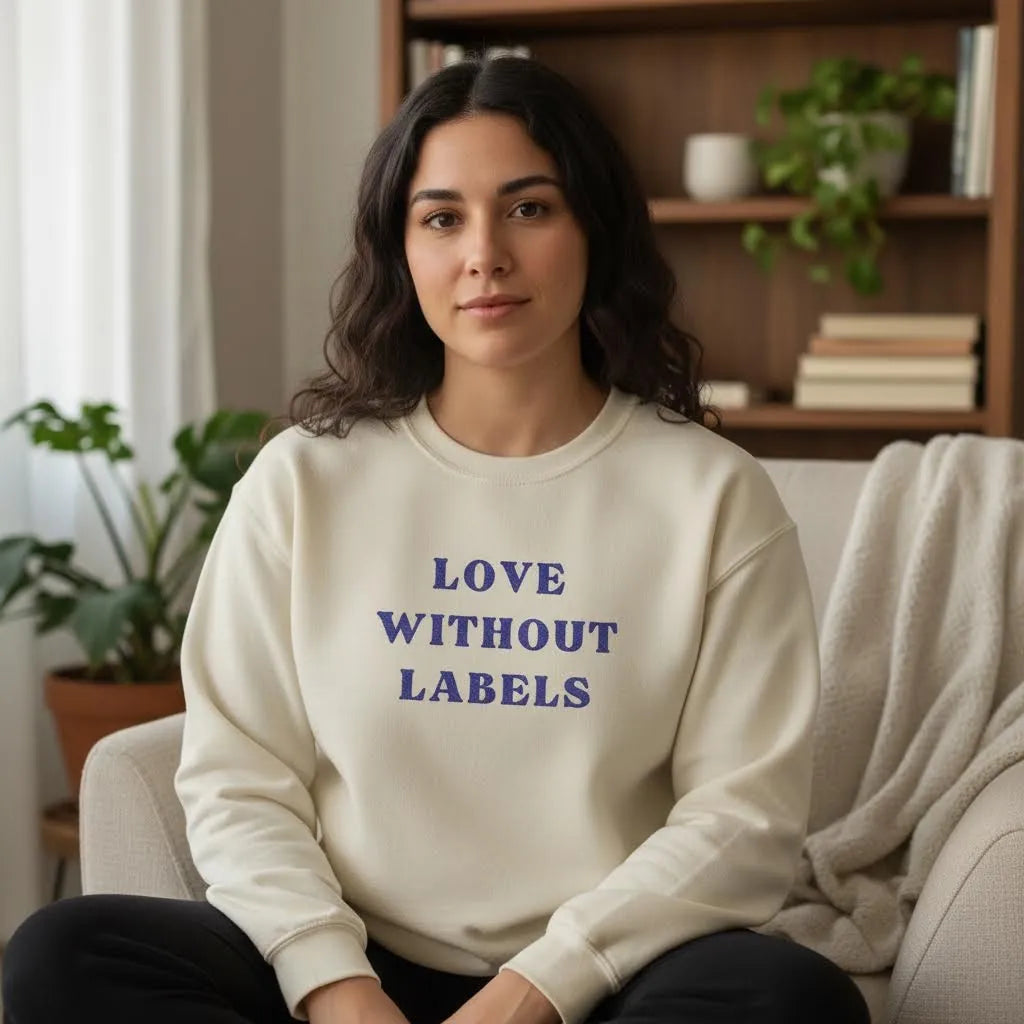 Love Without Labels inclusive slogan embroidered sweatshirt styled in a cozy indoor setting suggesting a safe welcoming space