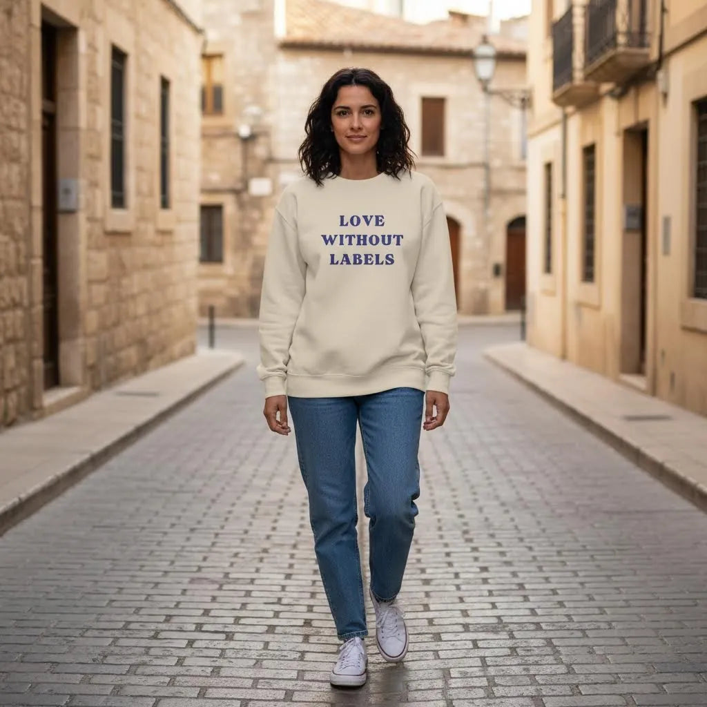 Model wearing Love Without Labels Greekify embroidered sweatshirt in an urban Mediterranean street-style scene