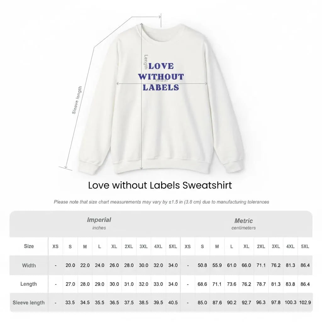 Size guide graphic for Love Without Labels unisex Gildan 18000 embroidered sweatshirt with chest and length measurements