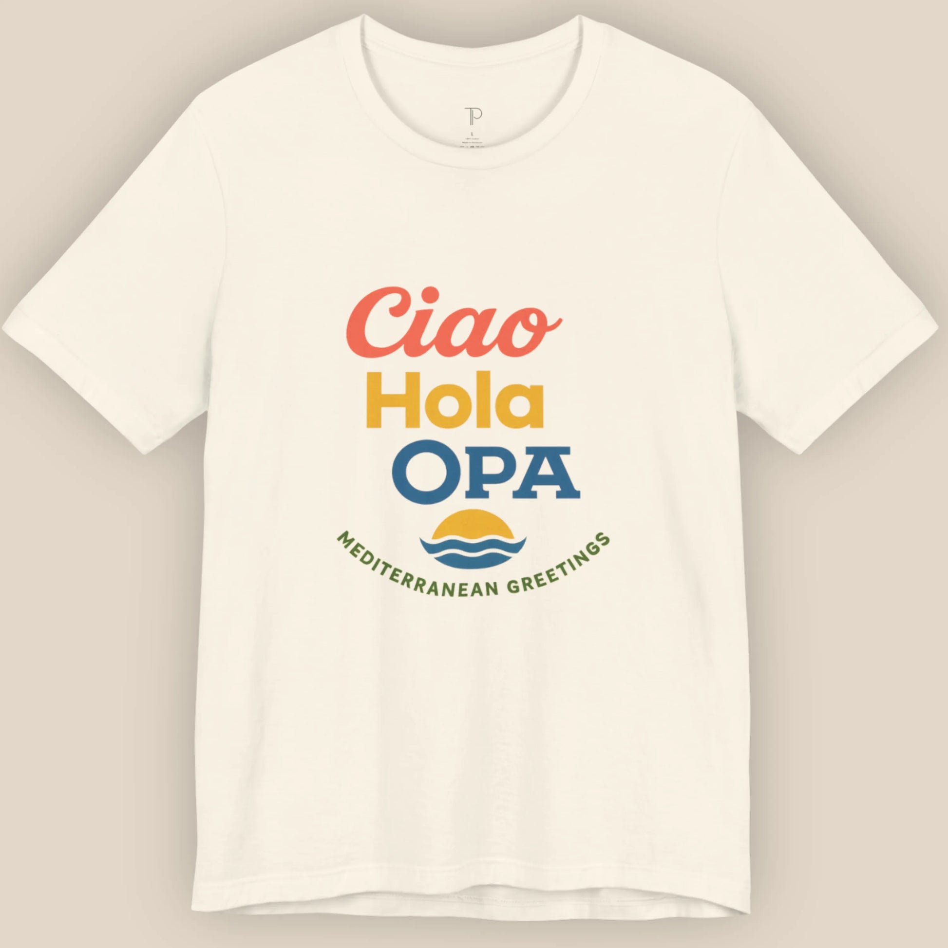 White t-shirt with colorful text and graphics on a beige background