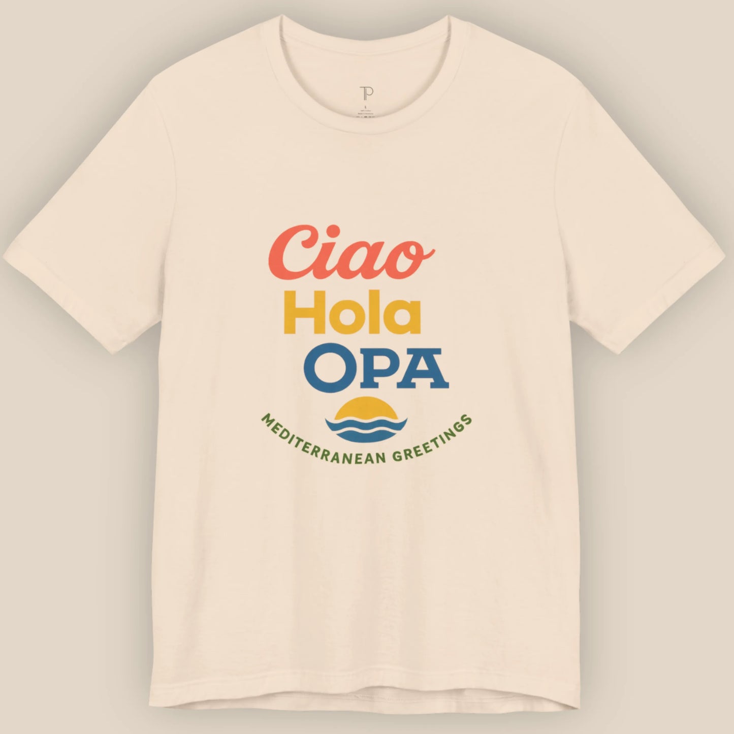 Beige t-shirt with colorful text and logo on a gray background