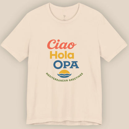 Beige t-shirt with colorful text and logo on a gray background