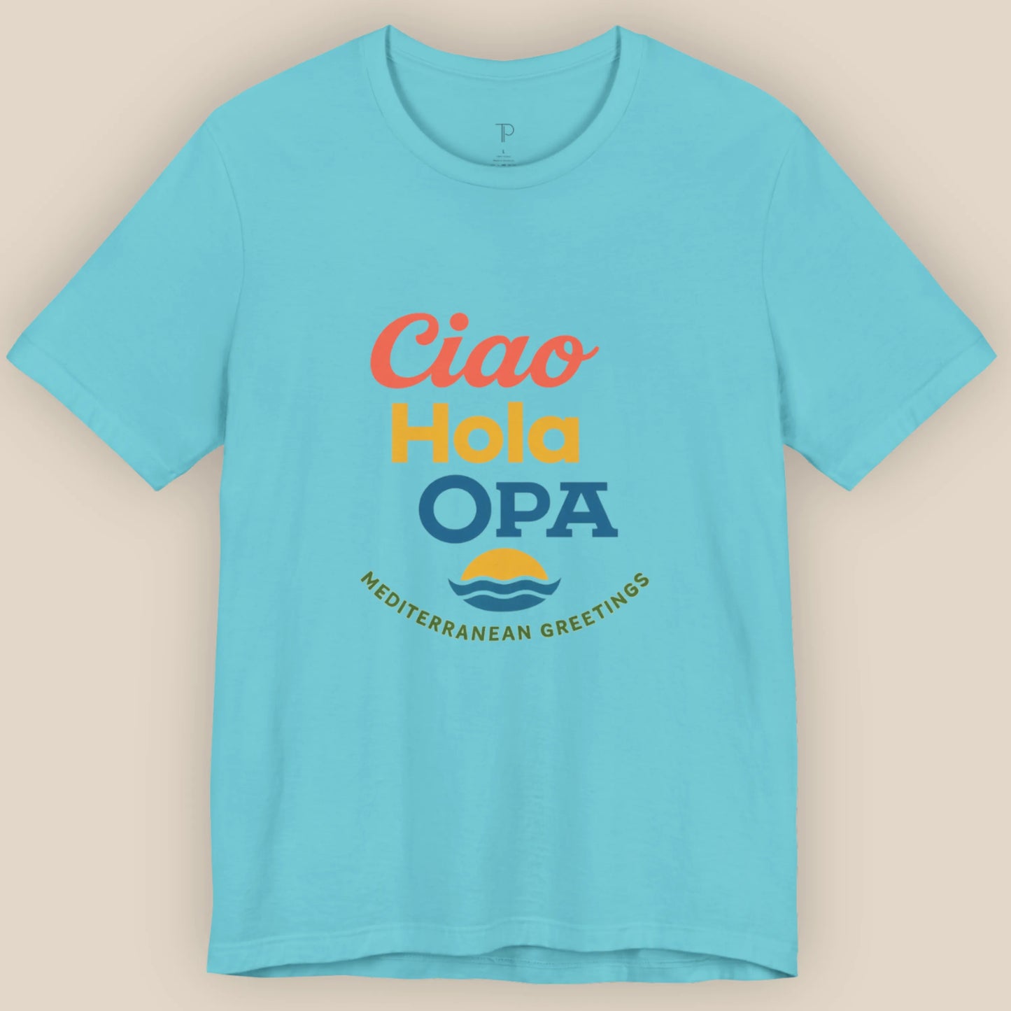 Blue t-shirt with colorful text and logo on a beige background