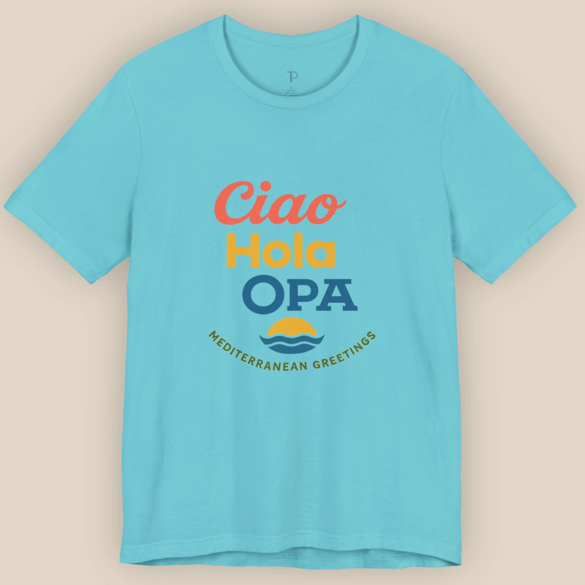 Blue t-shirt with colorful text and logo on a beige background