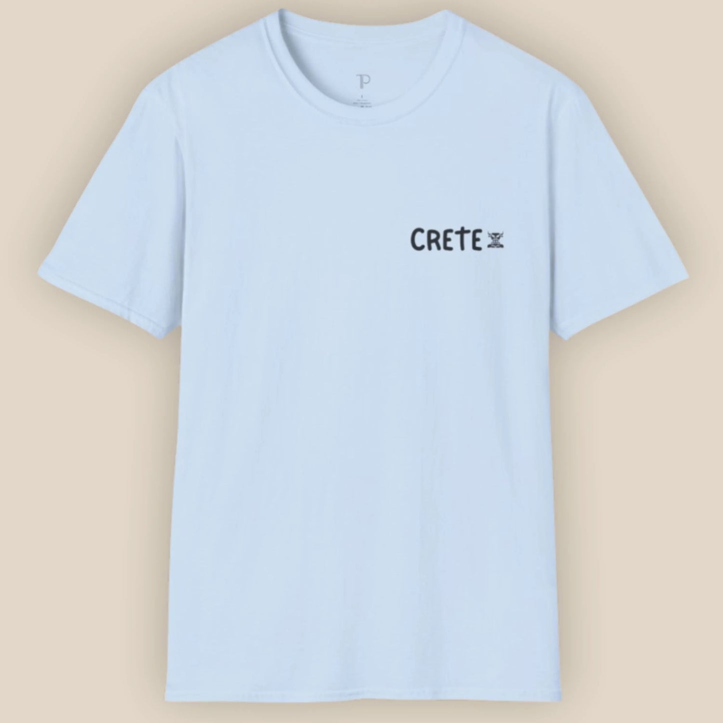 Light blue t-shirt with 'CRETE' text on a beige background