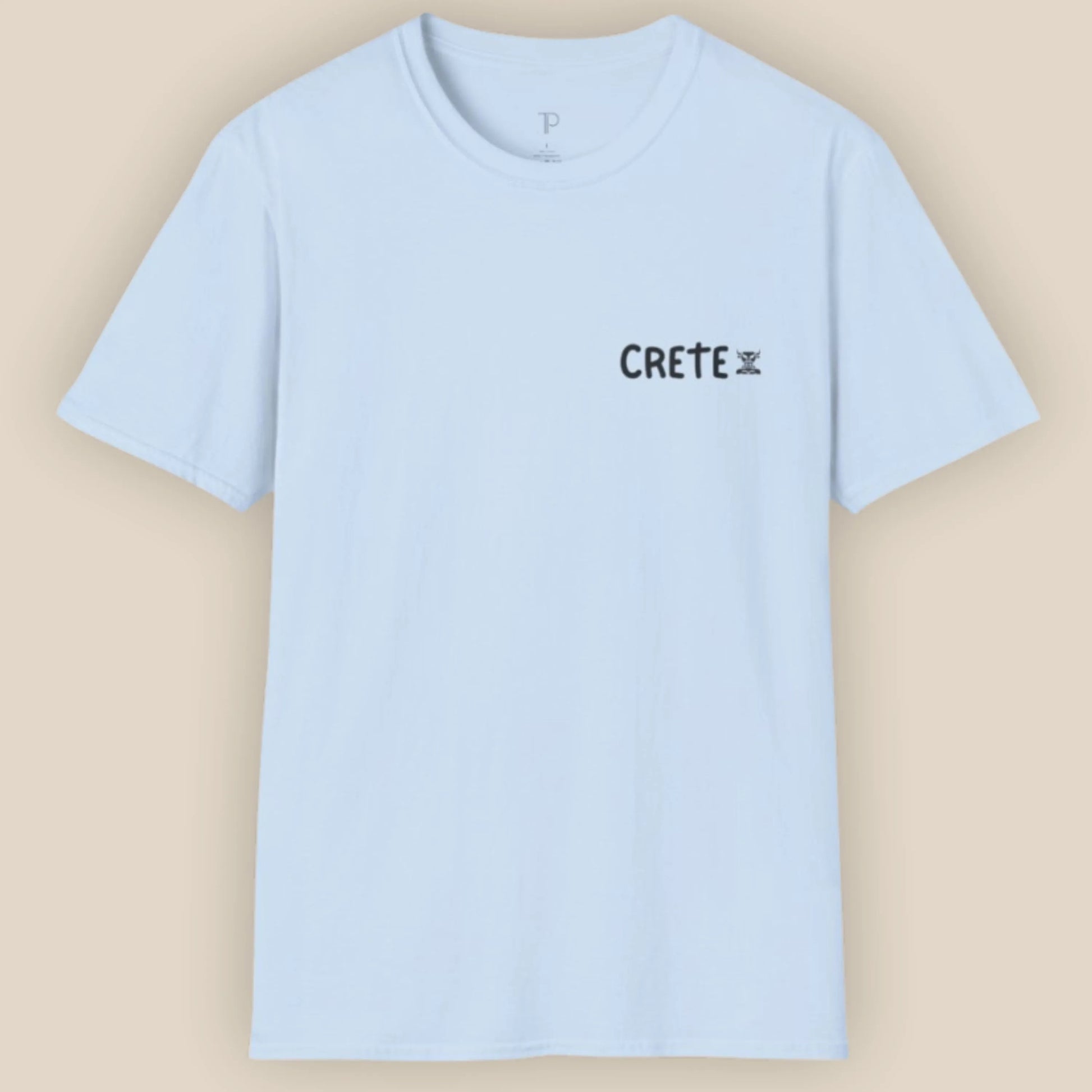 Light blue t-shirt with 'CRETE' text on a beige background