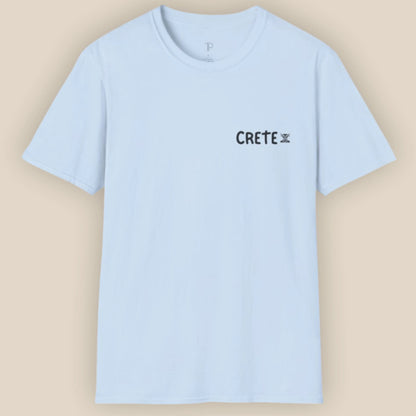 Light blue t-shirt with 'CRETE' text on a beige background
