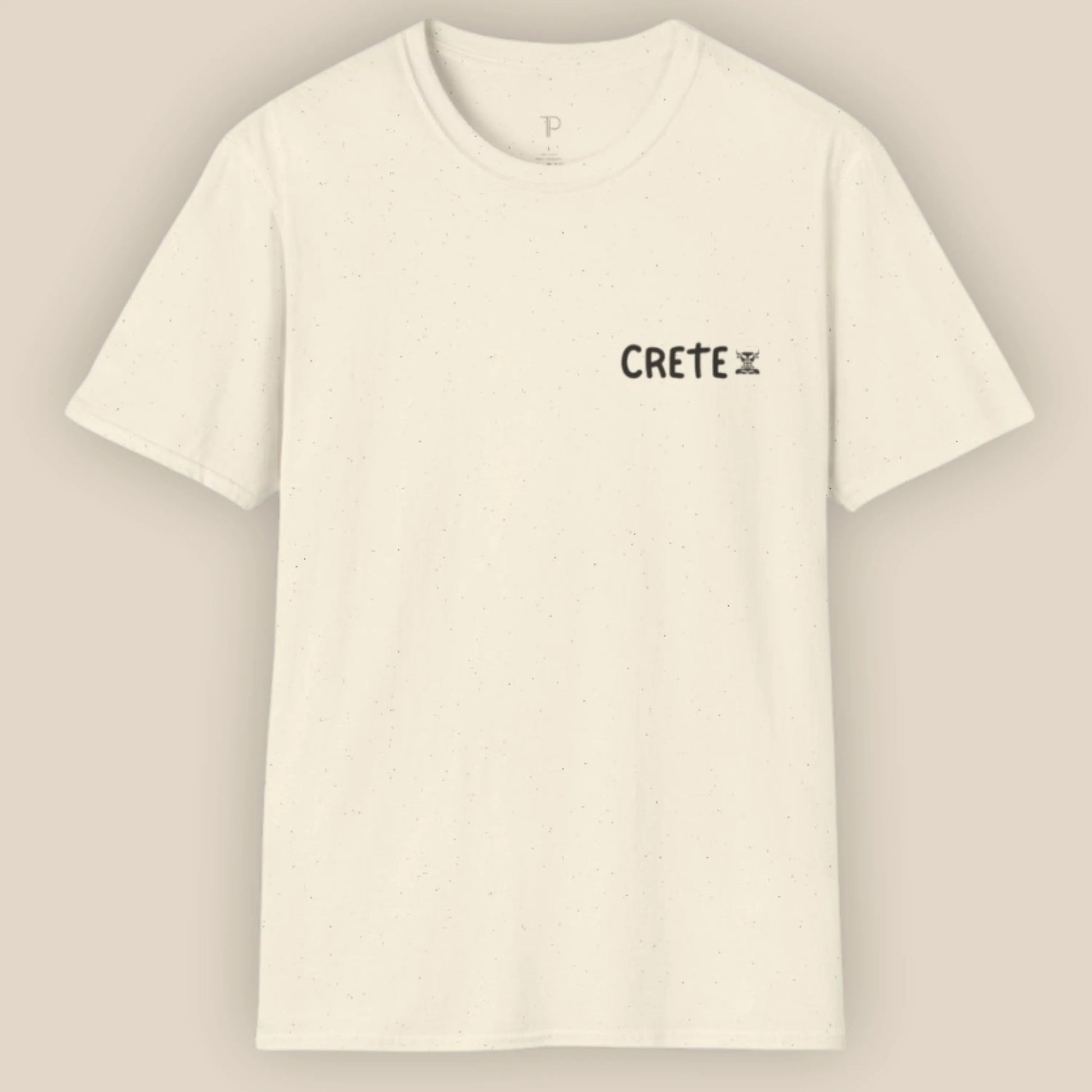 White t-shirt with 'CRETE' text on a beige background