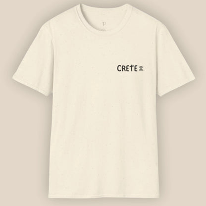 White t-shirt with 'CRETE' text on a beige background