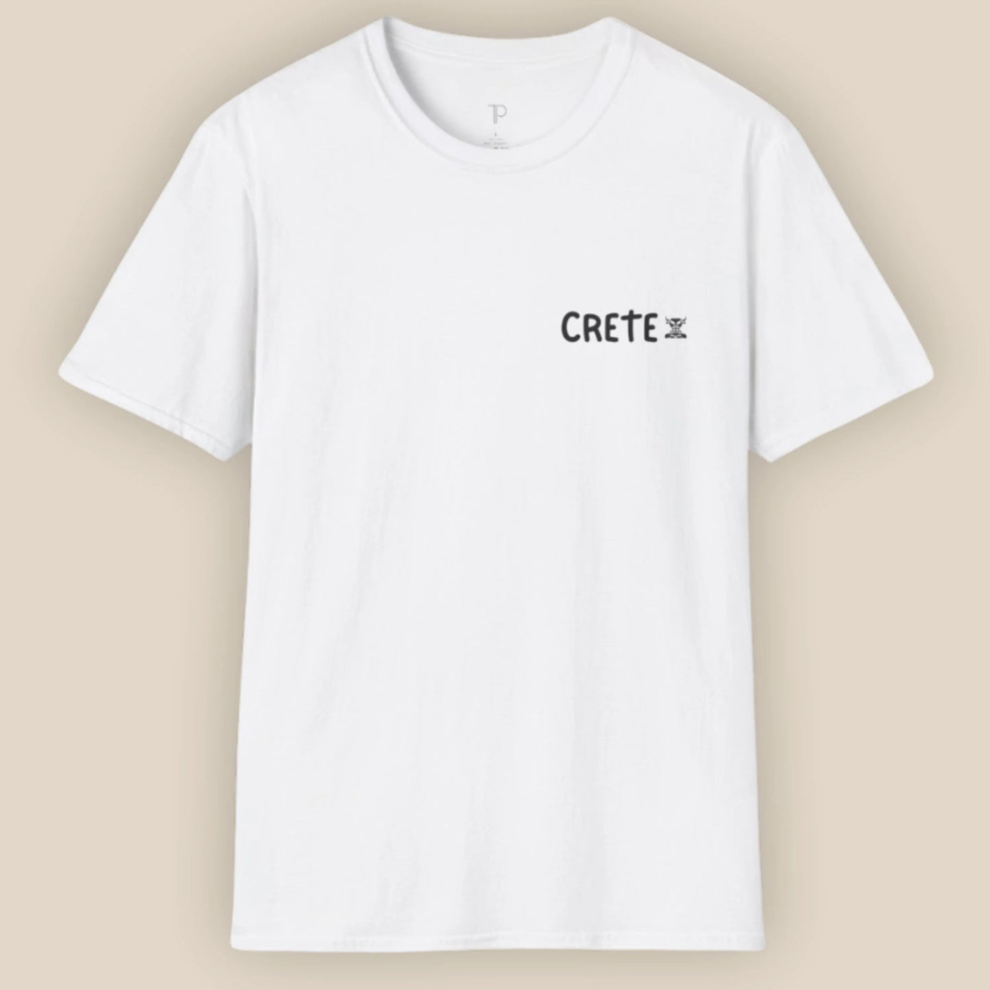 White t-shirt with 'CRETE' text on a beige background