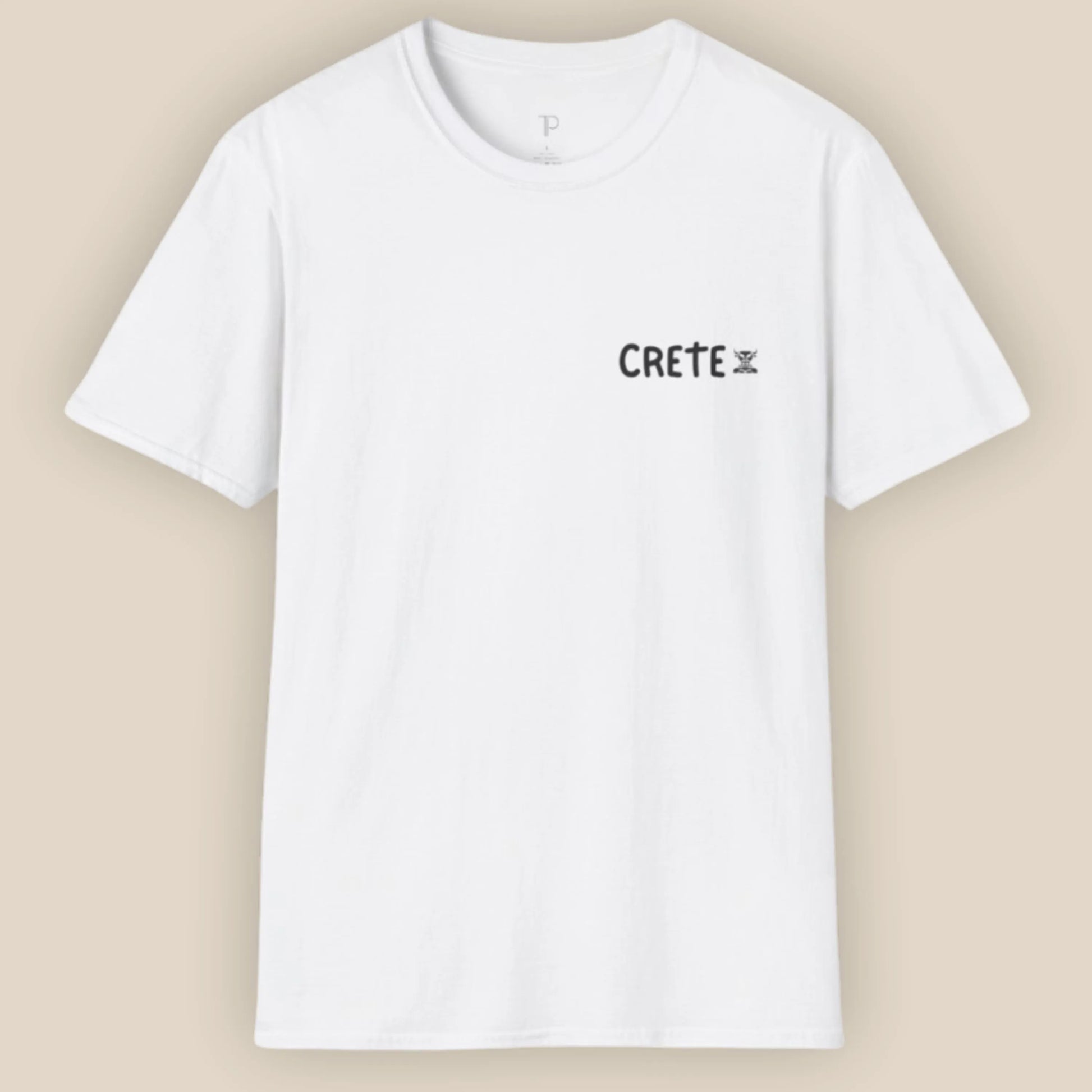 White t-shirt with 'CRETE' text on a beige background