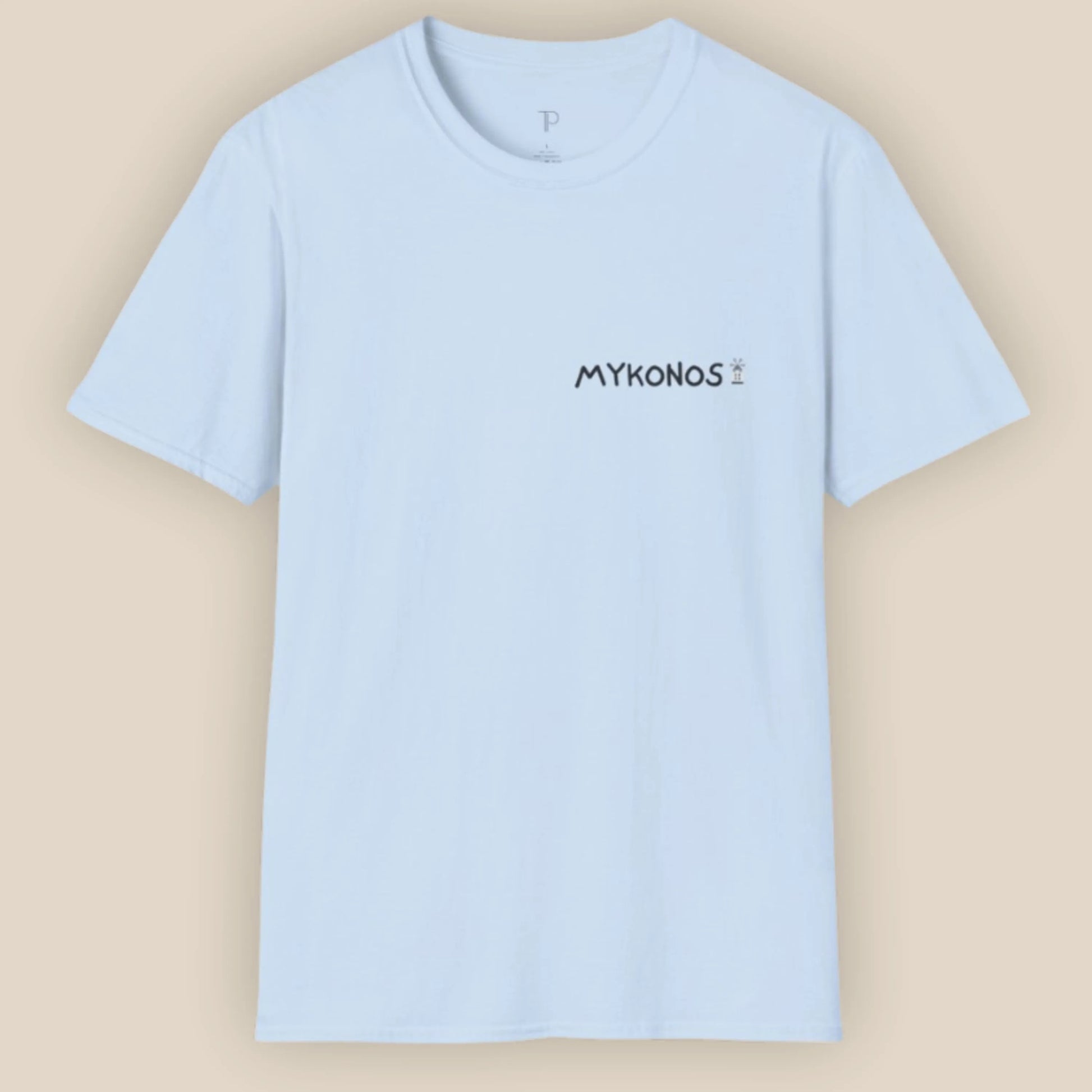 Light blue t-shirt with 'MYKONOS' text on a beige background