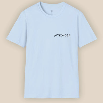Light blue t-shirt with 'MYKONOS' text on a beige background