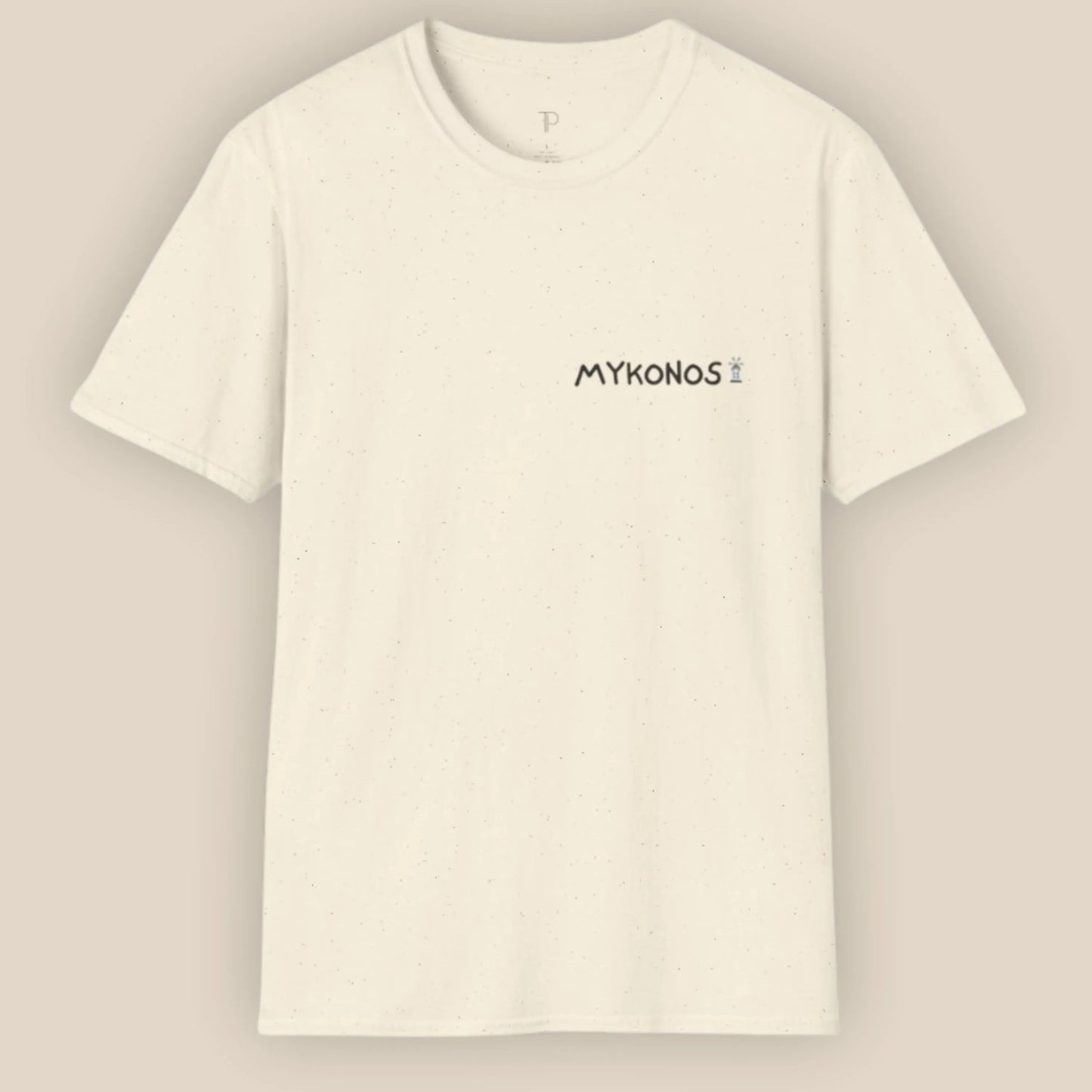 Beige t-shirt with 'MYKONOS' text on a beige background