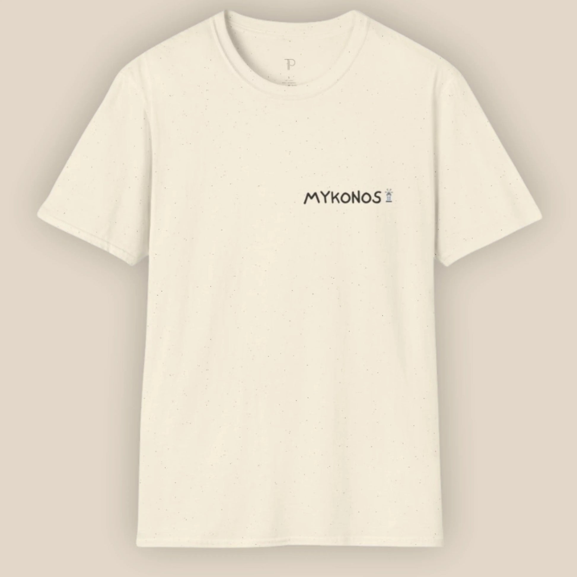 Beige t-shirt with 'MYKONOS' text on a beige background