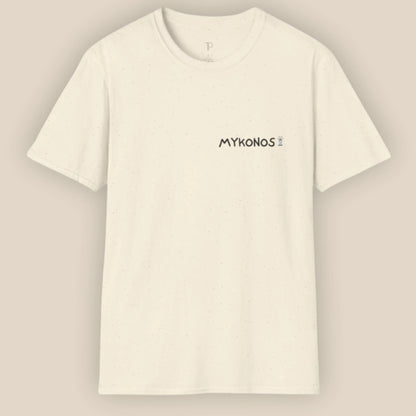 Beige t-shirt with 'MYKONOS' text on a beige background