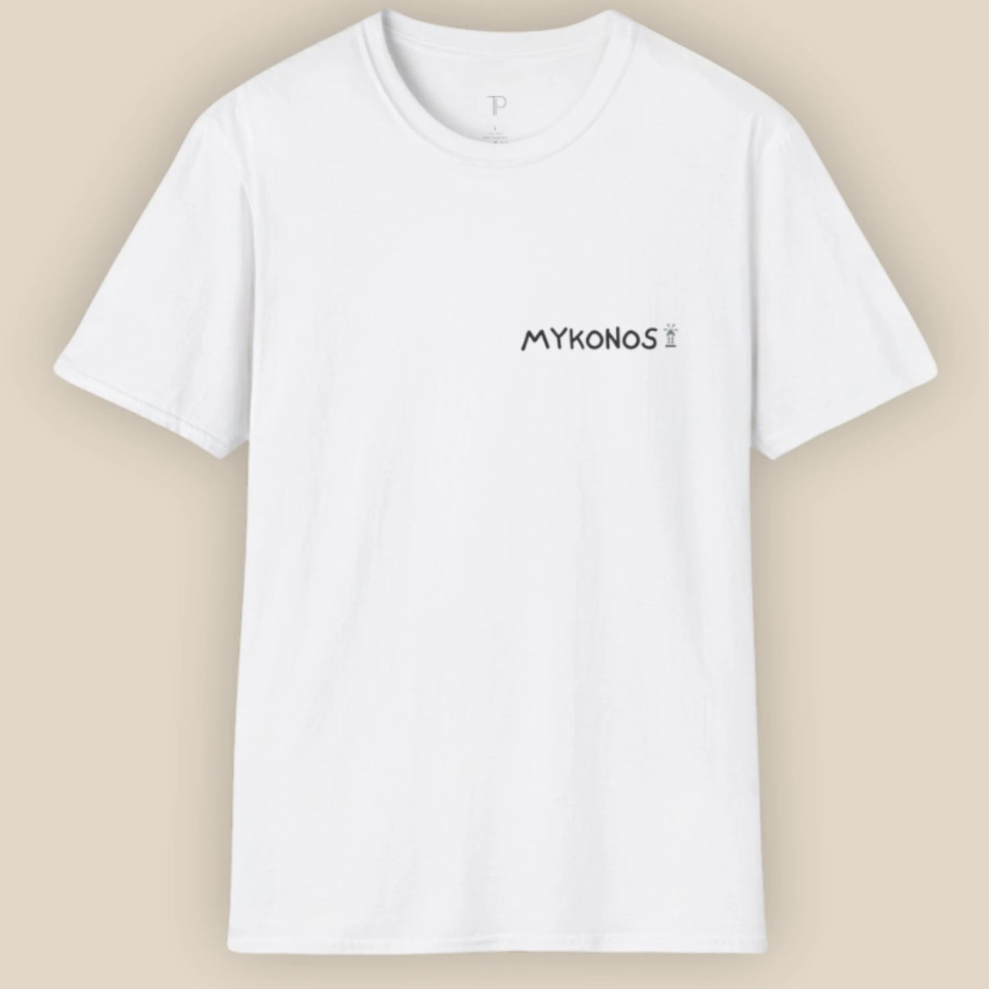 White t-shirt with 'MYKONOS' text on a beige background
