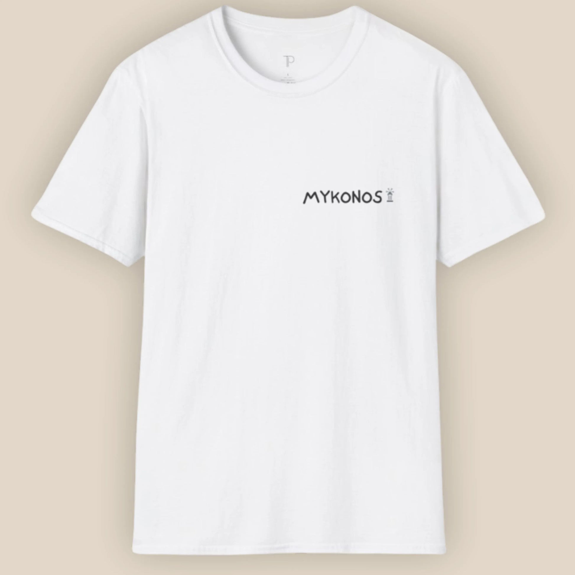 White t-shirt with 'MYKONOS' text on a beige background