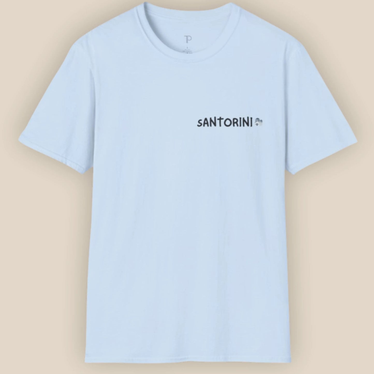 Light blue t-shirt with 'Santorini' text on a beige background