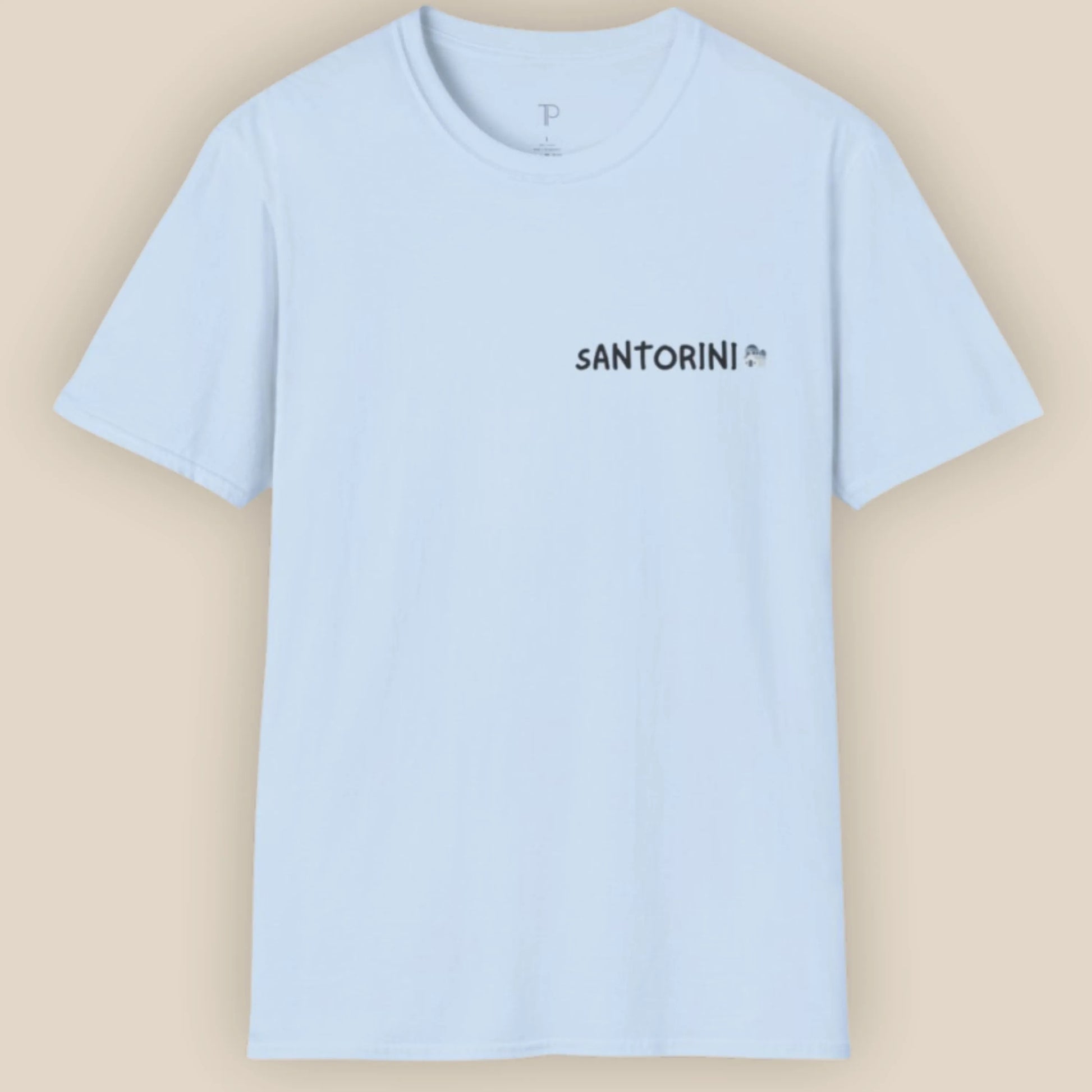 Light blue t-shirt with 'Santorini' text on a beige background