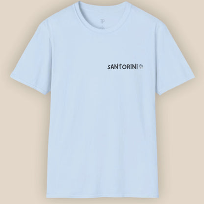 Light blue t-shirt with 'Santorini' text on a beige background