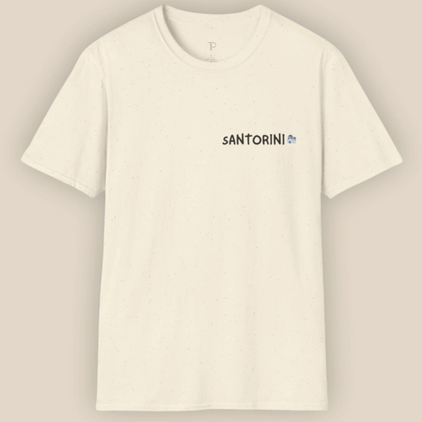 White t-shirt with 'Santorini' text on a beige background
