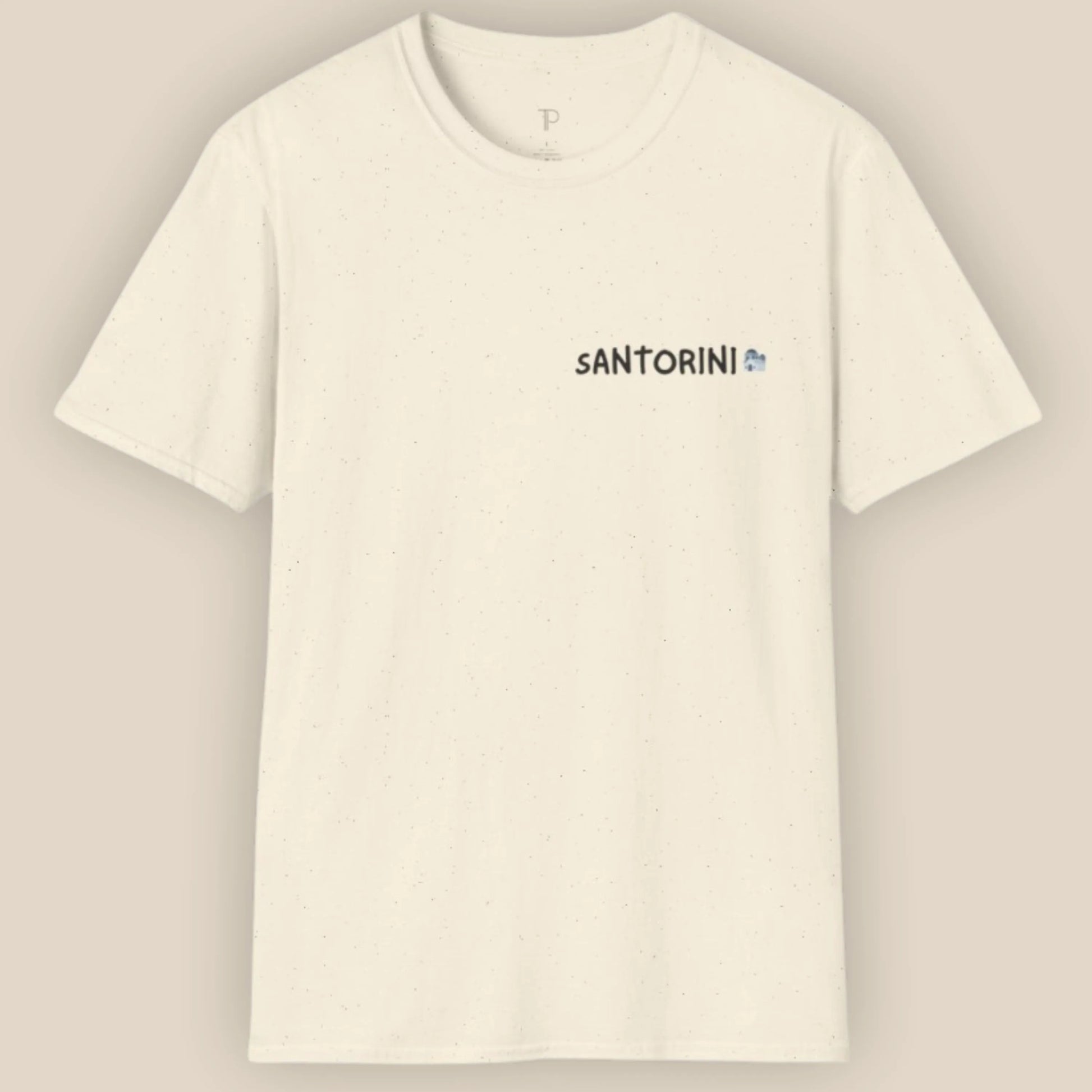 White t-shirt with 'Santorini' text on a beige background