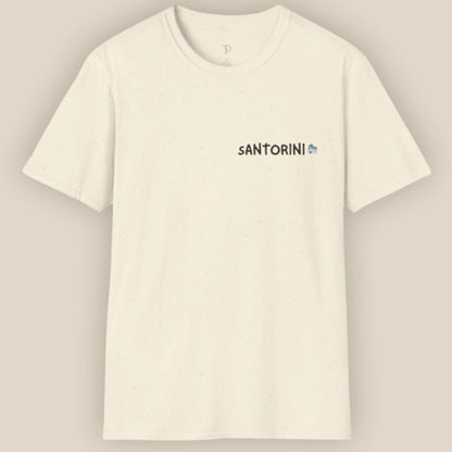 White t-shirt with 'Santorini' text on a beige background