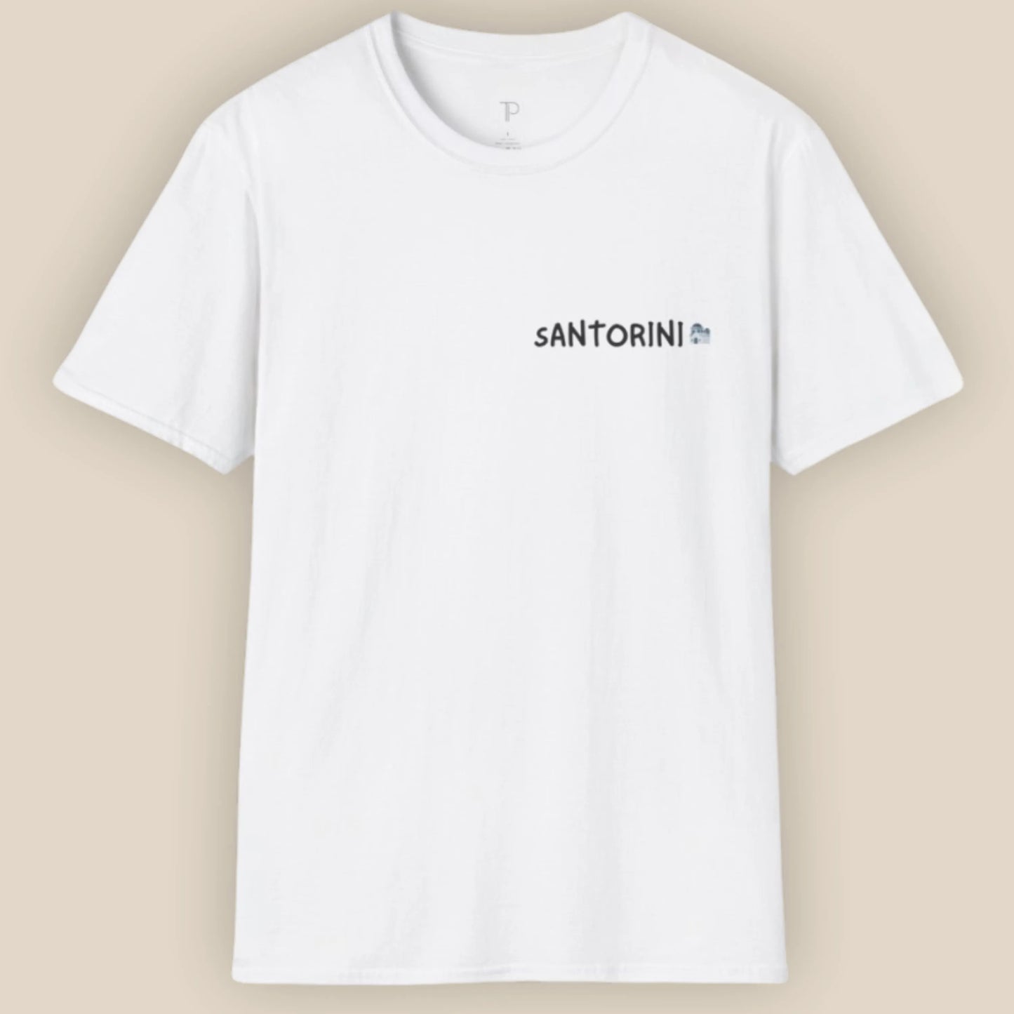 White t-shirt with 'Santorini' text on a beige background