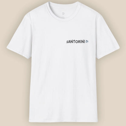 White t-shirt with 'Santorini' text on a beige background