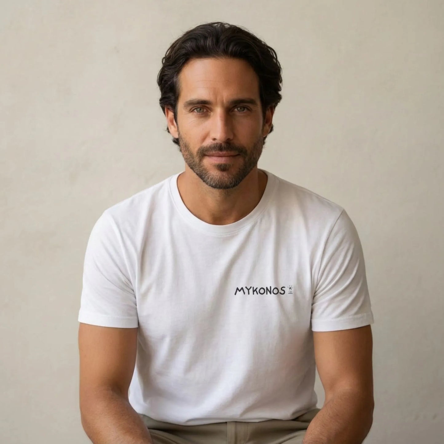 TP:HERO Model wearing Mykonos Island Map travel t-shirt by ToldPrint in a studio